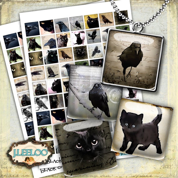 Digital paper BLACK CAT n RAVEN 1x1 inch dark gothic halloween victorian poe magnet stickers pendant instant download printable qu440