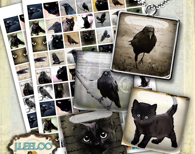 Digital paper BLACK CAT n RAVEN 1x1 inch dark gothic halloween victorian poe magnet stickers pendant instant download printable qu440