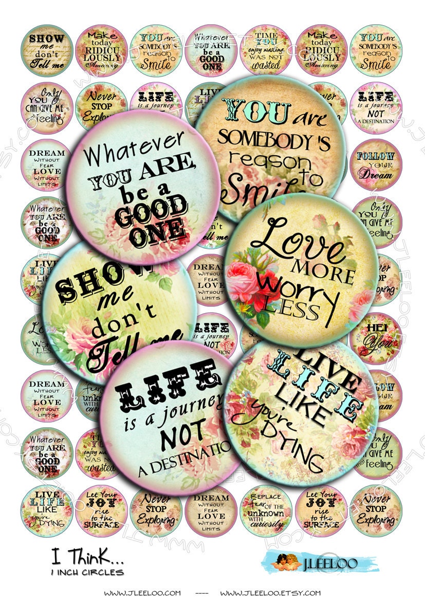 Digital Collage I THINK 1 Inch Circle Quote Romantic Roses - Etsy Canada