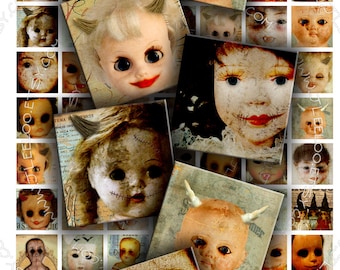 May include: A digital collage of 16 creepy doll faces, each with a different expression and style. The dolls are all vintage and have a distressed look. The collage is perfect for Halloween or any spooky occasion.