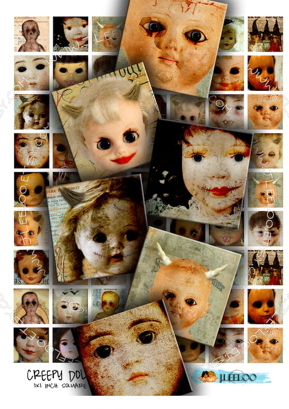 Digital collage sheet CREEPY DOLL 1x1 inch square for spooky scary hang tags pendants magnets stickers labels instant printable qu271