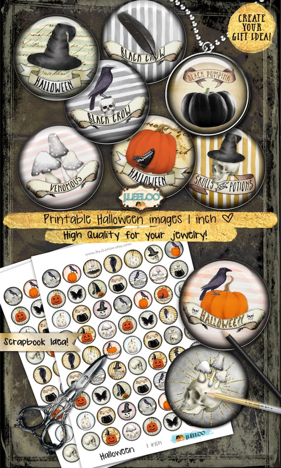 HALLOWEEN 1 inch circle Digital Download printable images for glass or resin pendants magnets bottle caps bezel trays cabochon tn497