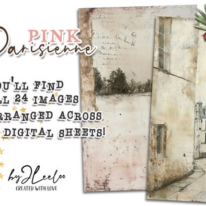May include: A digital paper pack with 24 images of Parisian streets and buildings. The images are arranged across 15 digital sheets. The text "Pink Parisienne" is at the top of the image. The text "You'll find all 24 images arranged across 15 digital sheets!" is in the middle of the image. The text "by Heeloo Created with Love" is at the bottom of the image.