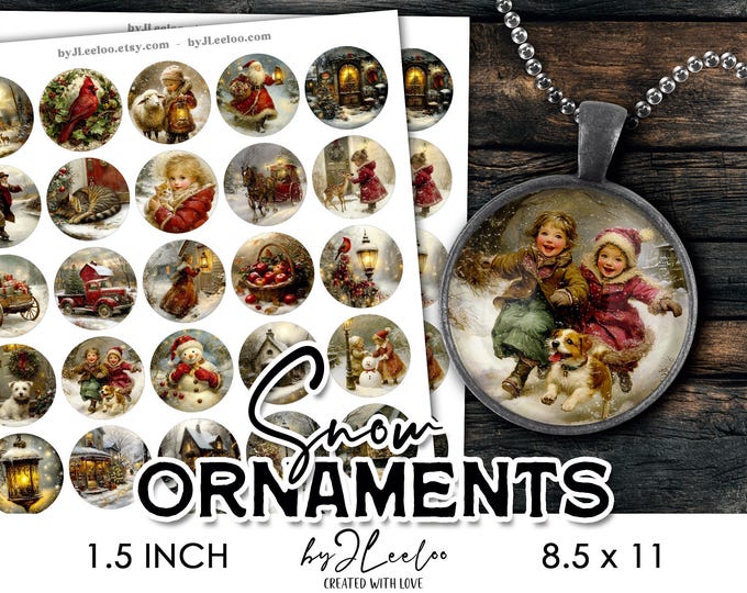 SNOW ORNAMENTS – 1.5 Inch Christmas Round Fine Art Images for Jewelry, Pins, Crafts, Vintage Holiday Circles, Printable Ephemera | tn846
