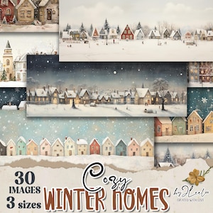 Marcapáginas acogedores CASAS DE INVIERNO, 3 tamaños, ilustración de paisaje navideño, envoltorio para regalo, etiqueta para imprimir, descarga digital CU/bm120