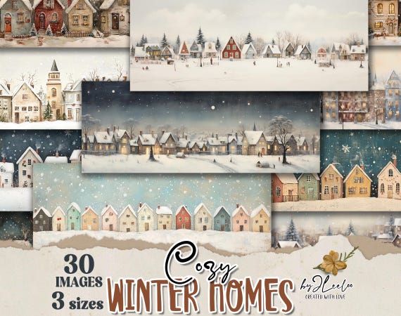 Cozy WINTER HOMES bookmarks 3 sizes | Christmas landscape illustration wrapper decor gift| Label tag printable | Digital Download CU | bm120