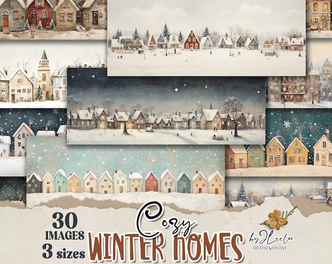 Cozy WINTER HOMES bookmarks 3 sizes | Christmas landscape illustration wrapper decor gift| Label tag printable | Digital Download CU | bm120