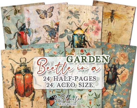 BEETLE IN A GARDEN half pages printable | junk journal Mixed Media Aceo supplies | Entomology paper digital card making collage | pp742