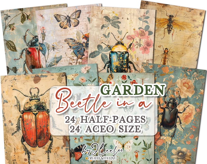 BEETLE IN A GARDEN half pages printable | junk journal Mixed Media Aceo supplies | Entomology paper digital card making collage | pp742