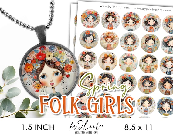 SPRING FOLK girls 1.5 inch printable illustration | digital supplies round pendant bezel trays glass cabochon mounting cameo setting | tn717