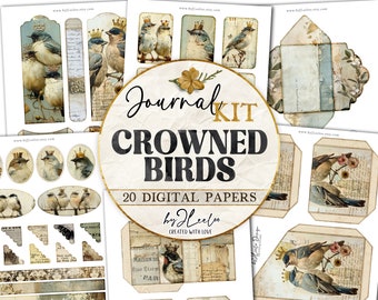 CROWNED BIRDS junk journal KIT printable | scrapbook label tag pocket ephemera supplies | Fussy cut vintage card making collage | pp788