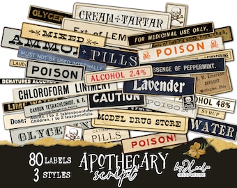 APOTHECARY SCRIPT labels printable pharmacy vintage | ephemera junk journal diary instant download | images digital collage sheet | tl280