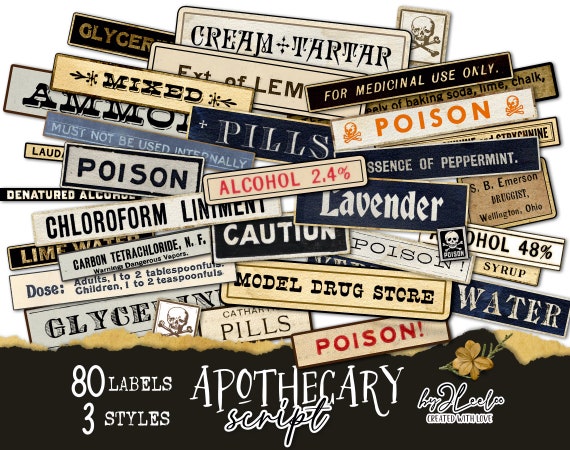 APOTHECARY SCRIPT labels printable pharmacy vintage | ephemera junk journal diary instant download | images digital collage sheet | tl280