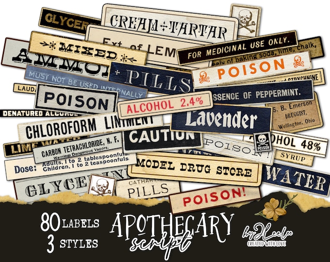 APOTHECARY SCRIPT labels printable pharmacy vintage | ephemera junk journal diary instant download | images digital collage sheet | tl280