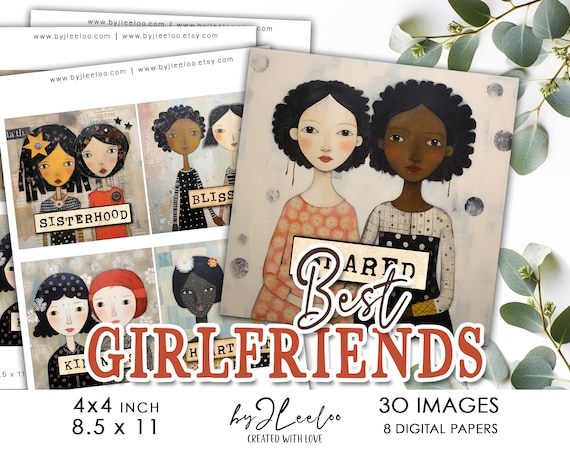 BEST GIRLFRIENDS 4x4 inch printable | Folk art supplies for coaster home decoration mirror magnet and craft | junk journal digital  | qu591