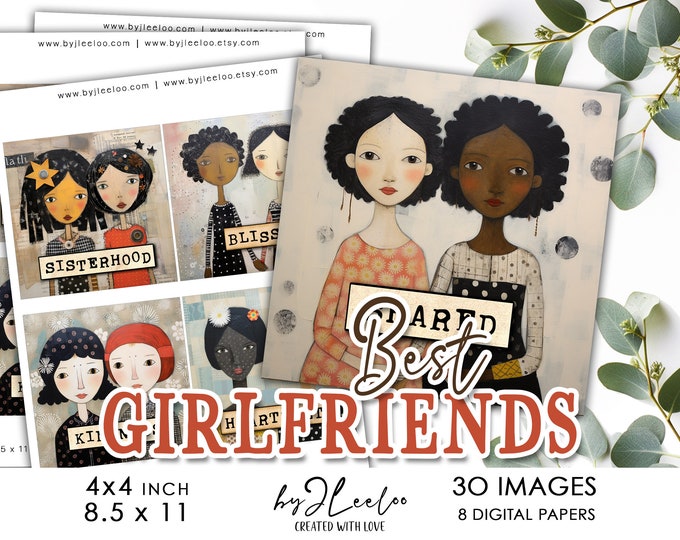 BEST GIRLFRIENDS 4x4 inch printable | Folk art supplies for coaster home decoration mirror magnet and craft | junk journal digital  | qu591