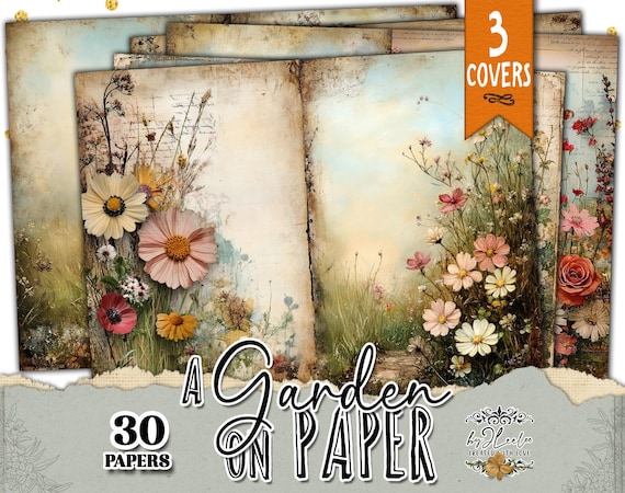 A GARDEN ON PAPER – Vintage Botanical Junk Journal Kit, Floral Ephemera, Half Pages, Clipart, Labels & Printable Covers | ppK78