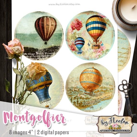 MONTGOLFIER 4 inch Digital collage with sky fly hot air balloon for coaster magnet stickers hang tags instant download printable tn607
