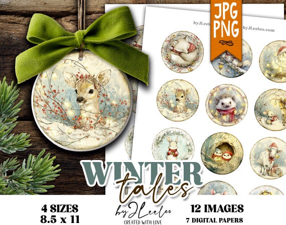 WINTER TALES – round Christmas storybook animals, holiday woodland critters illustrations for junk journal crafts and DIY – tn852