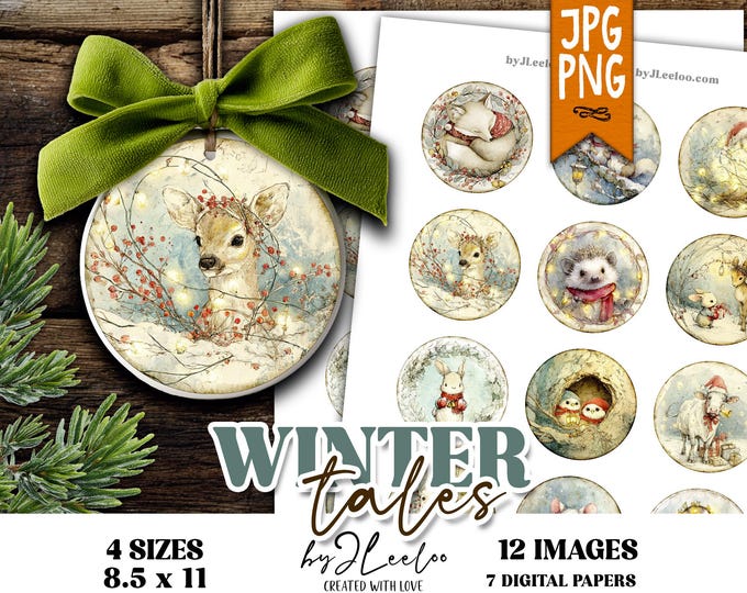 WINTER TALES – round Christmas storybook animals, holiday woodland critters illustrations for junk journal crafts and DIY – tn852