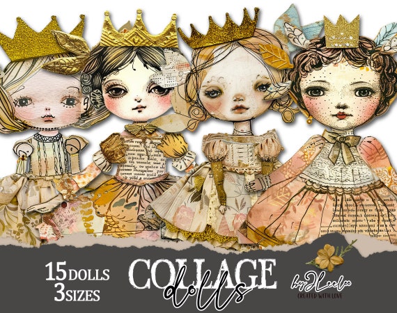 COLLAGE DOLLS paper doll printable junk journal cut off | Paper Dolls journaling supplies Hand-drawn | mini fussy cut doll digital | pp750