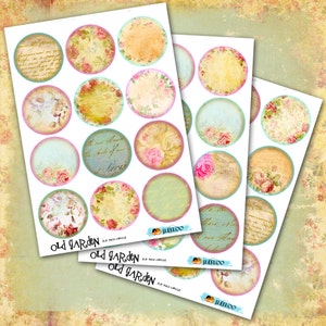 May include: A set of 12 printable 2.5 inch circle digital paper designs featuring vintage floral patterns, handwritten text, and a light blue background. The text on the paper reads "Old Garden".