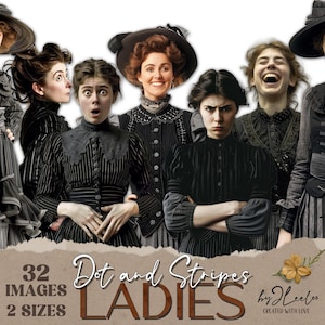 DOT and STRIPES LADIES Poupée en papier victorienne 2 tailles imprimable | journal indésirable coupé | Fourniture de journalisation clipart | Coupe délicate au format PNG | cl174