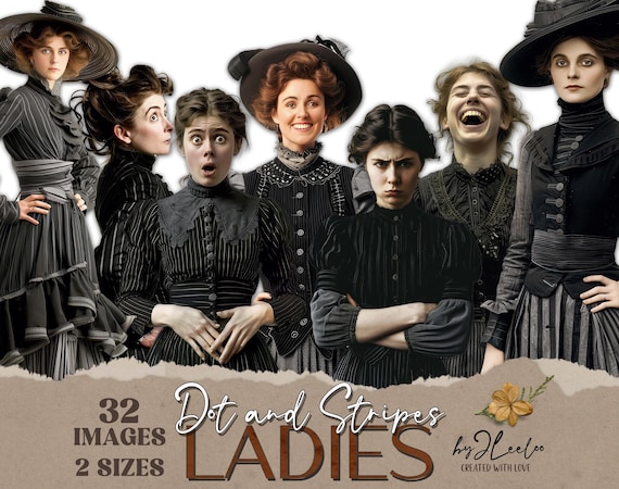 DOT and STRIPES LADIES 2 sizes victorian paper doll printable | junk journal cut off | Journaling supplie clipart | Png fussy cut | cl174