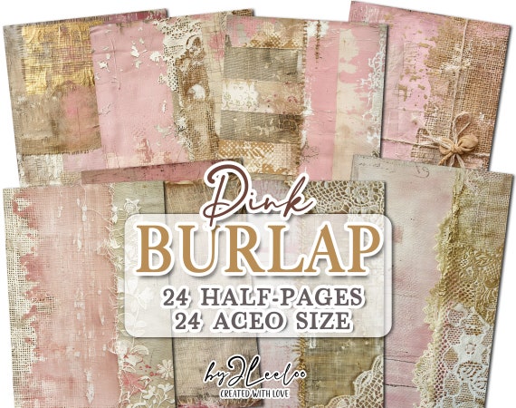 PINK BURLAP half pages printable | Distressed Collage junk journal Mixed Media supplies | Shabby chic papers card Aceo diary DiY | pp743