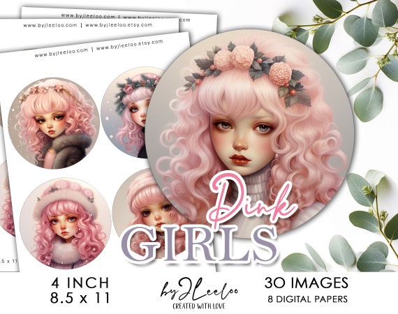 PINK GIRLS 4 inch printable cute charmy illustrations | supplies round coasters, ornaments, diy clock | circle labels journaling | tn691