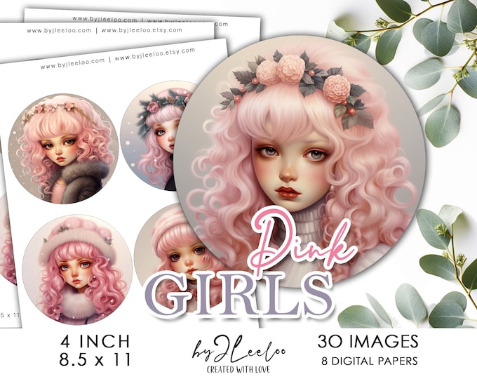PINK GIRLS 4 inch printable cute charmy illustrations | supplies round coasters, ornaments, diy clock | circle labels journaling | tn691