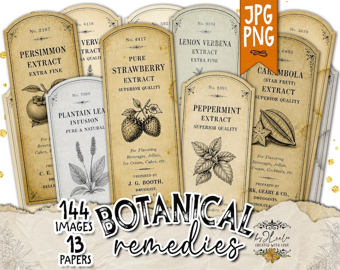 BOTANICAL REMEDIES Vintage Apothecary Labels Botanical Extracts Junk Journal Ephemera Printable Collage Sheets  | tl377