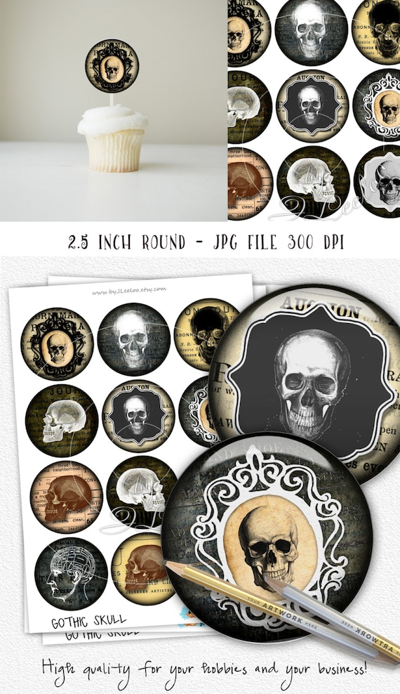 Digital images GOTHIC SKULL 2.5 inch circle for scary halloween pocket mirrors cupcake topper scrapbook Digital collage sheet tn479