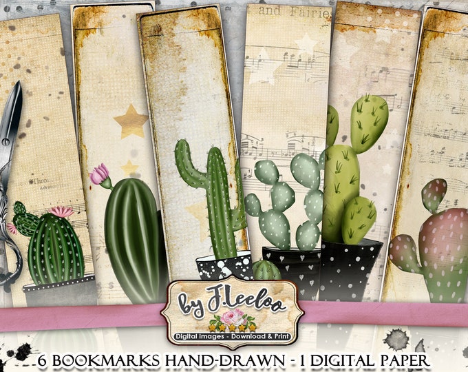 CACTUS hand drawn cacti illustration printable bookmarks vintage instant download Digital collage sheet background paper victorian- bm105