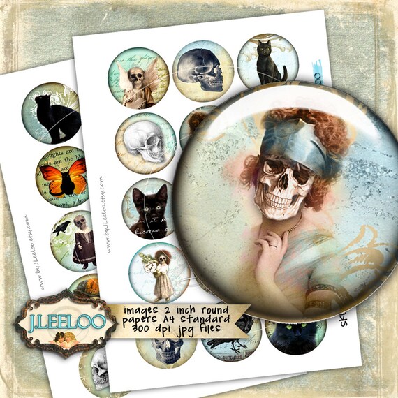 Digital printable SKULLS AND CATS 2 inch circle gothic scary dia de los muertos pendant and craft instant digital collage sheet tn469