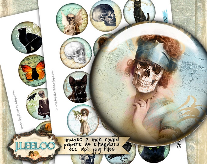 Digital printable SKULLS AND CATS 2 inch circle gothic scary dia de los muertos pendant and craft instant digital collage sheet tn469