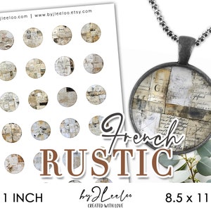 FRANÇAIS RUSTIQUE 1 pouce imprimable | Fournitures de collage d'arrière-plan pendentif rond, plateaux de lunette, verre, camée, pendentif, épingle, aimant, journal | tn740