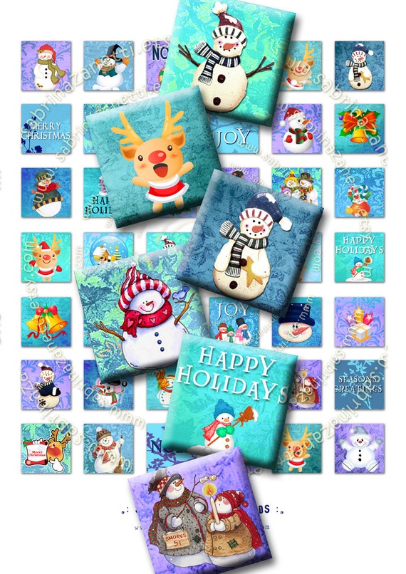 Digital printable SNOWMEN and FRIENDS 1x1 inch square christmas holidays for jewellery pendant clipart instant download collage qu200
