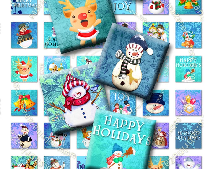 Digital printable SNOWMEN and FRIENDS 1x1 inch square christmas holidays for jewellery pendant clipart instant download collage qu200
