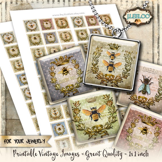 QUEEN BEE Digital printable 1x1 inch square sheets digital images insect paper goods chic vintage pendant craft instant download qu509