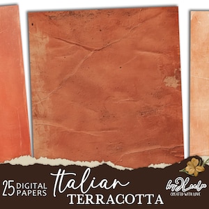 May include: 25 digital papers in a terracotta color scheme. The papers have a distressed, vintage look with a textured surface. The text "Italian Terracotta" is displayed at the bottom of the image.
