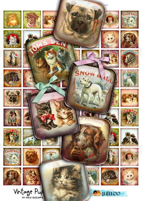 Digital collage VINTAGE PUPPIES 1x1 square - animal lovers for pendant jewelry hang tags magnets scrapbook - instant download - qu345