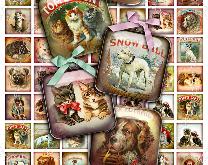 Digital collage VINTAGE PUPPIES 1x1 square - animal lovers for pendant jewelry hang tags magnets scrapbook - instant download - qu345