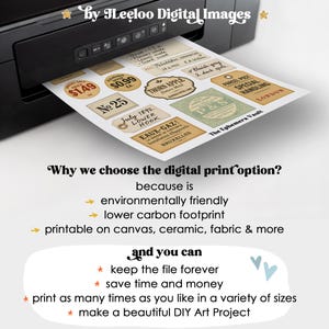 May include: A printer producing a sheet of vintage-style labels and tags. The sheet features labels with text such as "Thorn Apple," "July 1892," and "Parcel Post." The image also includes text about the advantages of digital printing.