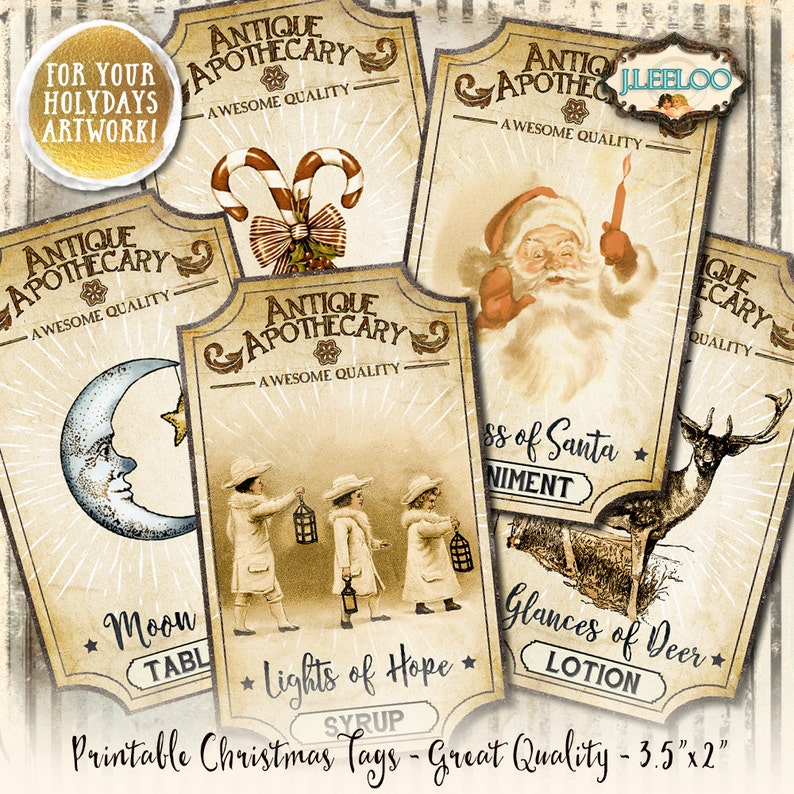 May include: Printable Christmas gift tags with vintage illustrations and text. The tags feature images of a crescent moon, a group of children carrying lanterns, a deer, Santa Claus, and candy canes. The text on the tags includes "Antique Apothecary", "Moon", "Lights of Hope", "Glances of Deer", "Kiss of Santa", and "Printable Christmas Tags - Great Quality - 3.5" x 2"