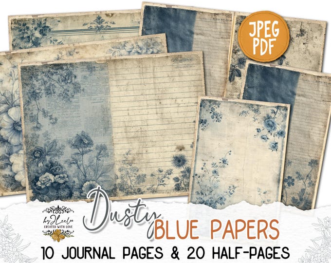 Dusty BLUE PAPERS Vintage Floral Grunge Pages & Half Pages, Printable Kit in Blue Tones | Scrapbook Shabby Journal Kit Antique Style | pp946