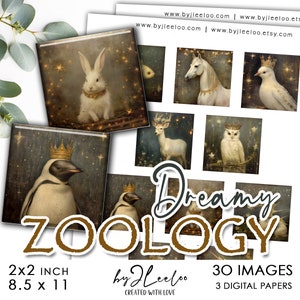DREAMY ZOOLOGY, afdrukbaar van 2 x 2 inch | Fantastic Cress levert vierkante hangers, schalen met bezel, glazen cabochons, camee | qu570