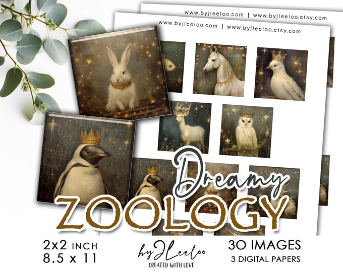 DREAMY ZOOLOGY 2x2 inch printable | Fantastic creatures supplies square pendants, bezel trays, glass cabochon mountings, cameo | qu570