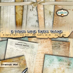 May include: Ten vintage French-style digital papers with a distressed, aged look. The papers feature various text, including "J.C. Paris 39. Rue", "Amer Lamoureux Fruits Liqueurs Sirops", and "H. Lamoureux Fils 23.25 & 27 Rue de la Prison Rouen".