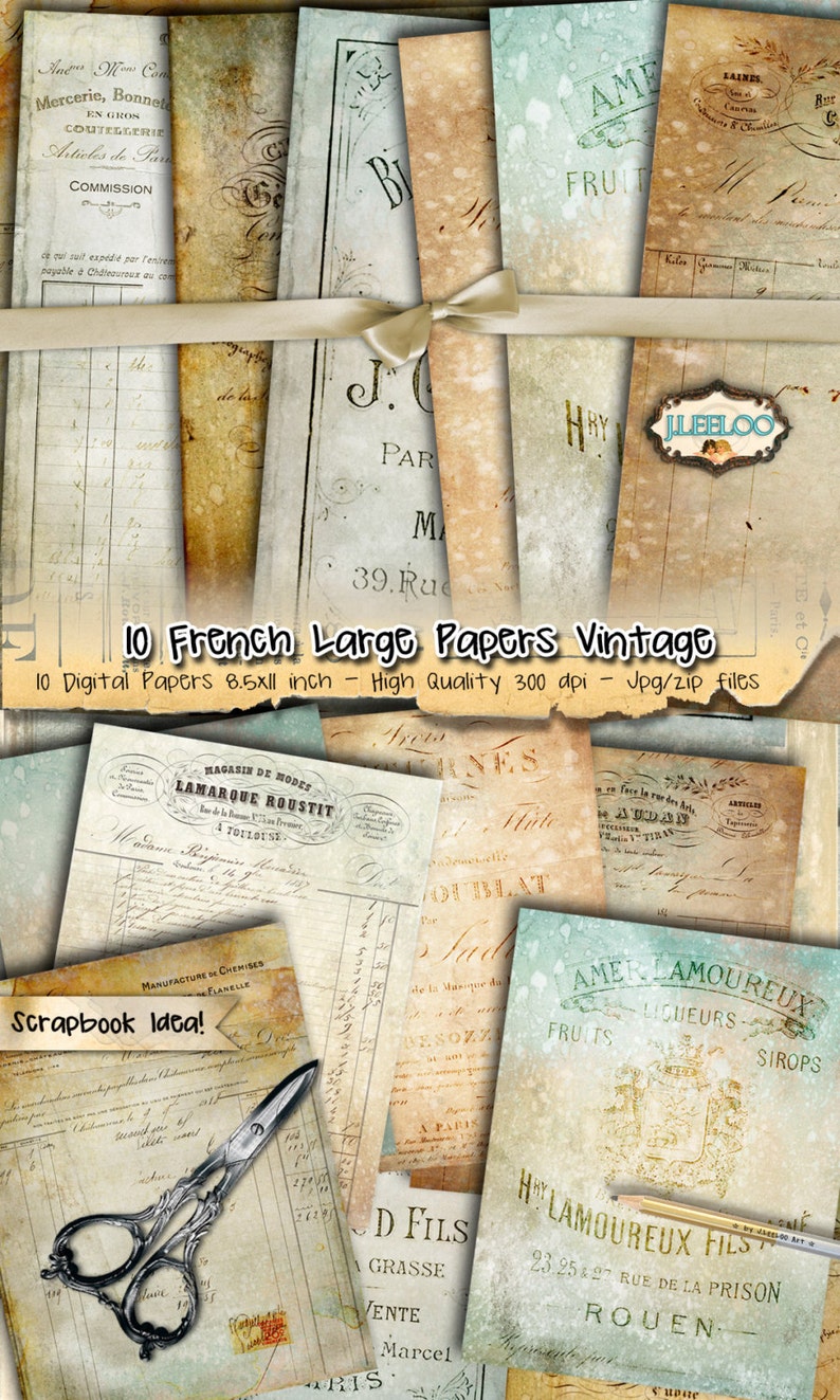 May include: Ten vintage French-style digital papers with a distressed, aged look. The papers feature various text, including "J.C. Paris 39. Rue", "Amer Lamoureux Fruits Liqueurs Sirops", and "H. Lamoureux Fils 23.25 & 27 Rue de la Prison Rouen".